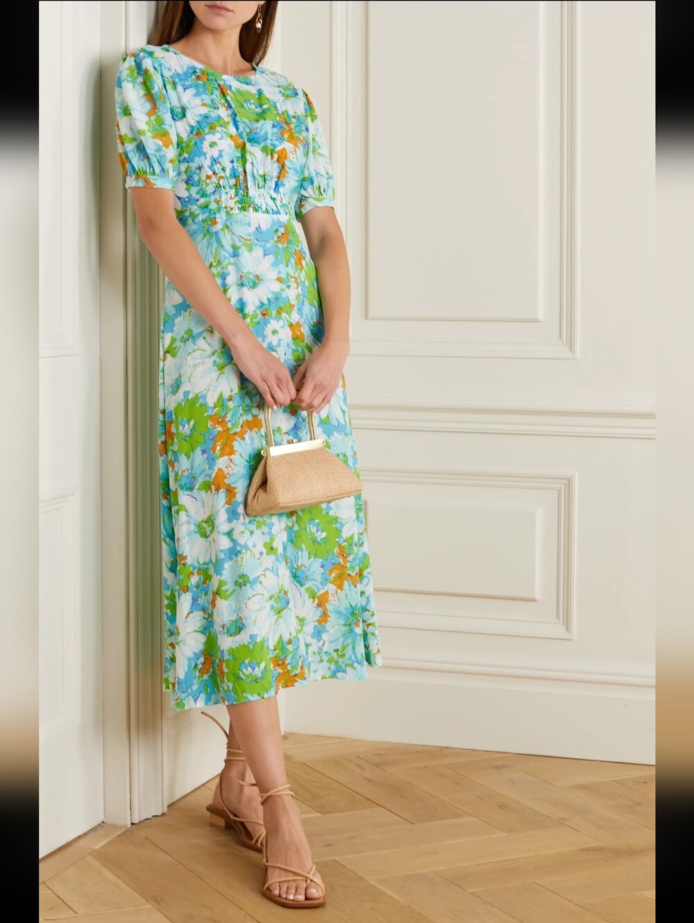 Faithfull the Brand Floral Puff-Sleeve Midi Dress in Aqua, Green and White